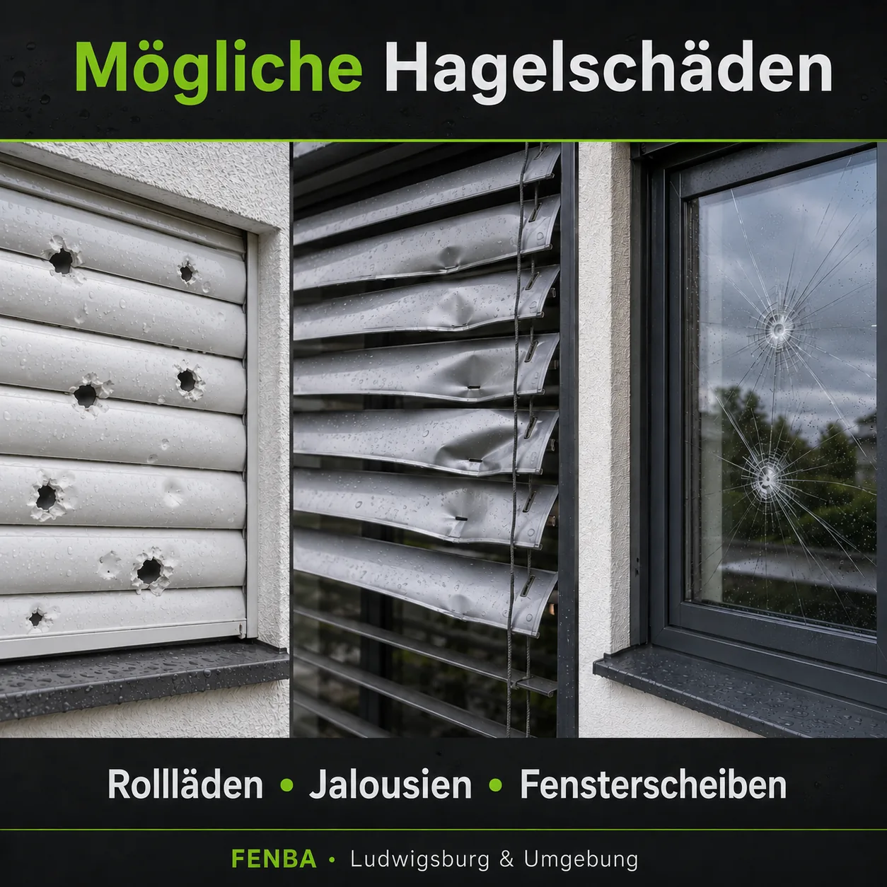 Mögliche Hagelschäden an Rollladen, Jalousie und Fensterscheibe
